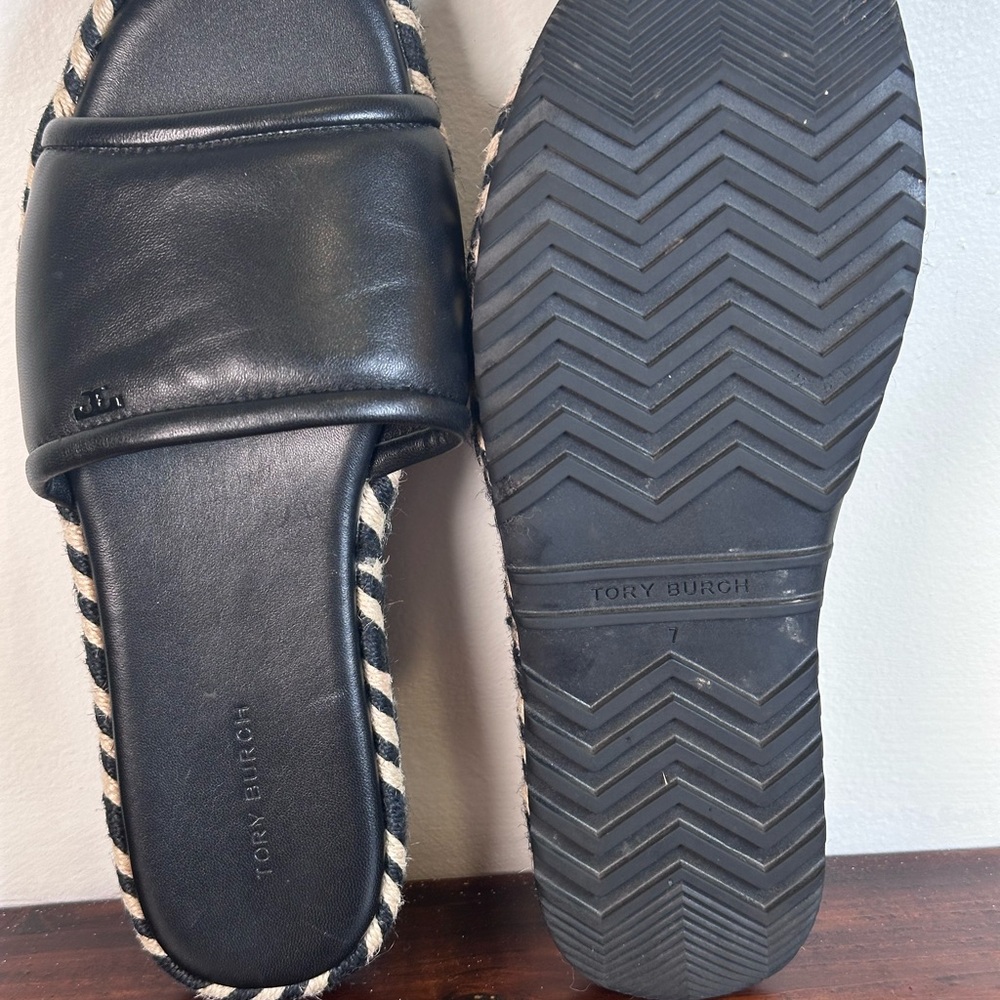 Tory Burch Espadrille Slide Sandal Braided Leather 7 Black Tan Open Toe Flat - Picture 3 of 6
